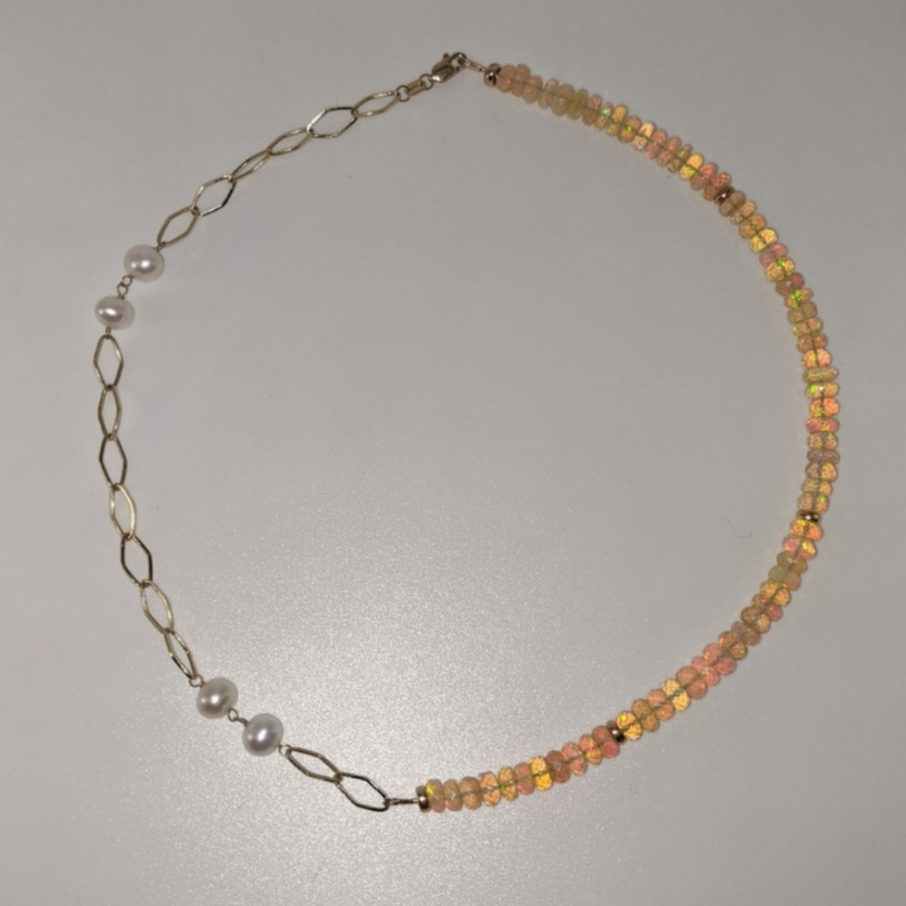 14k Yellow Gold Opal Beaded Pearl Link Necklace